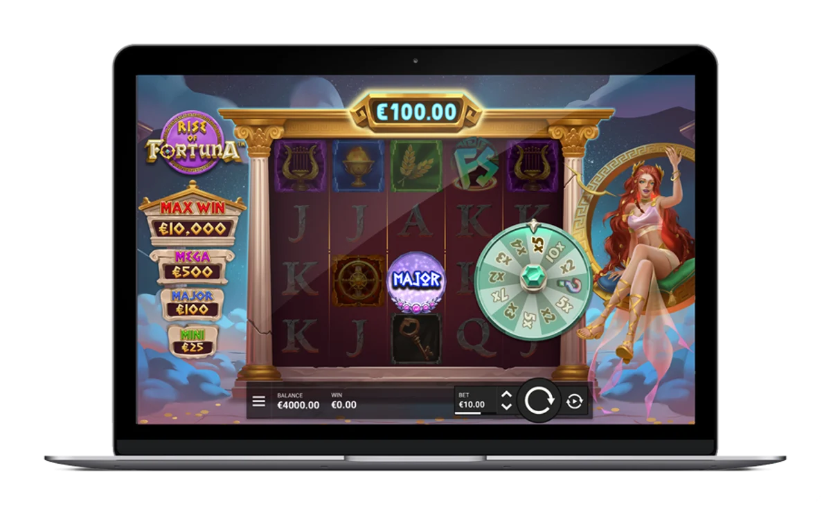 Rise of Fortuna game displayed on a laptop with reels, wheel and Fortuna character