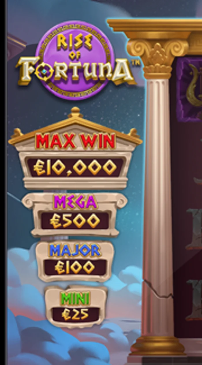 Rise of Fortuna jackpot labels beside the left side of the reels