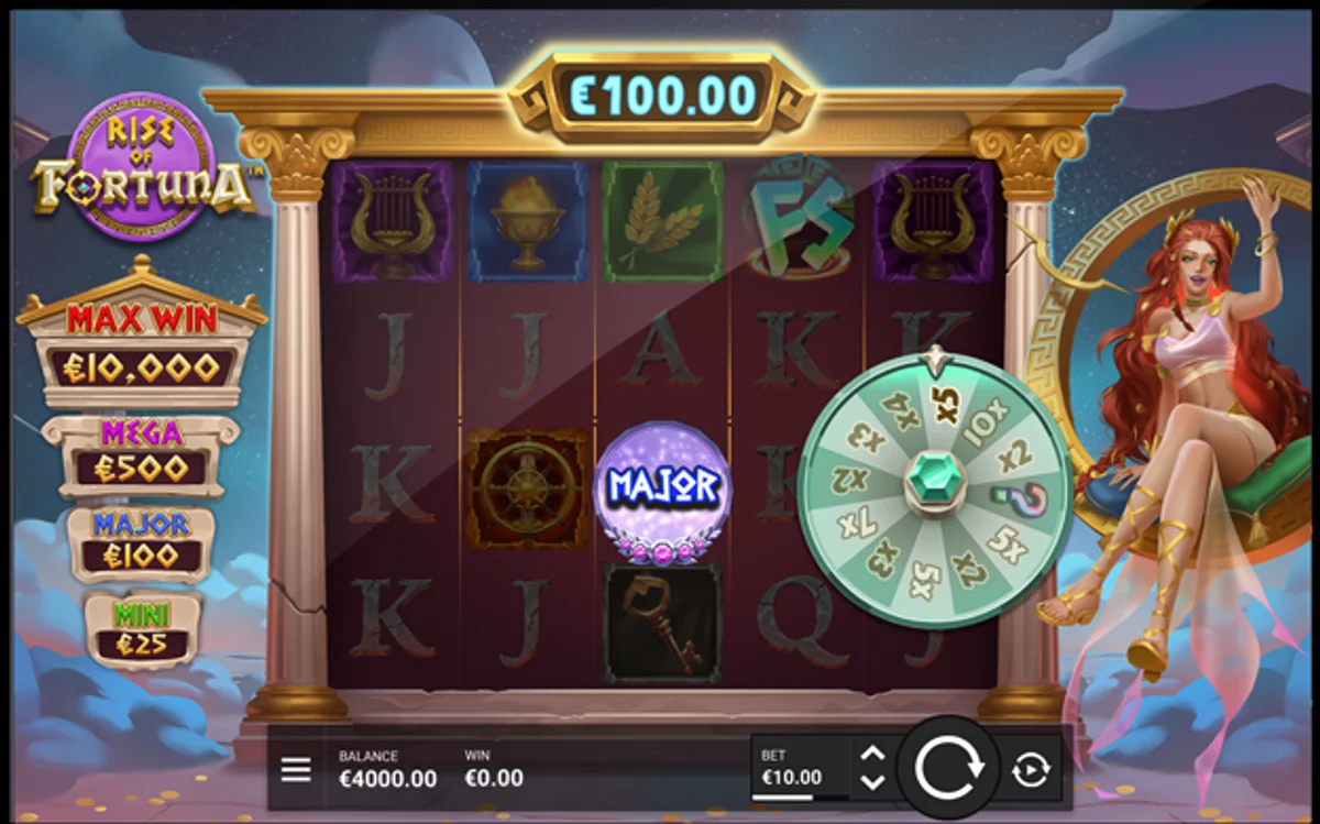 Rise of Fortuna game view with jackpot panel, reels, prize bar and wheel