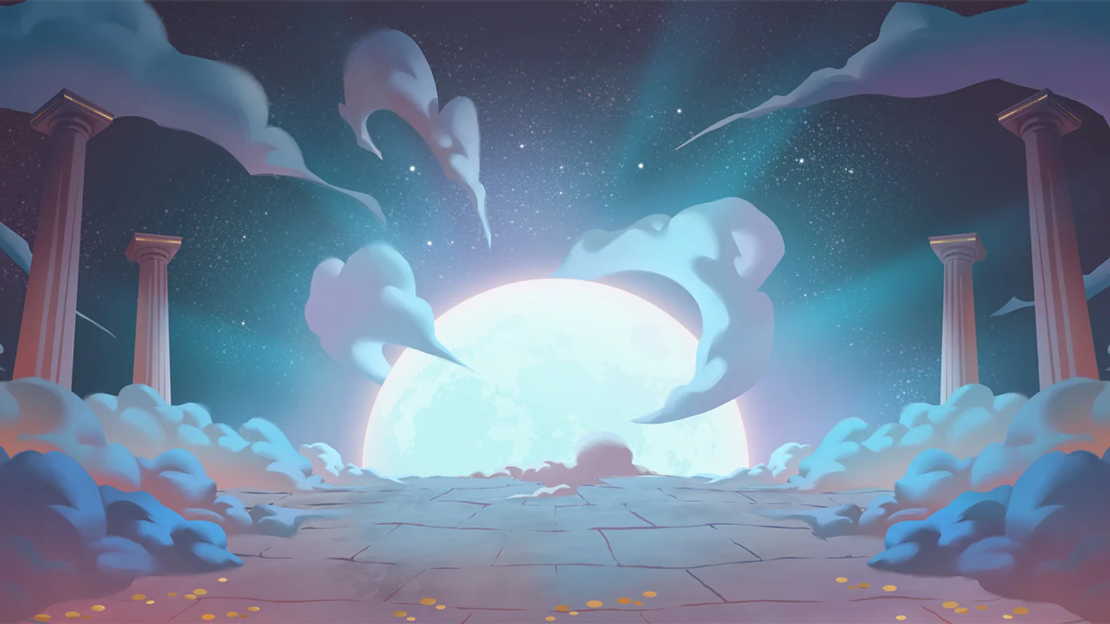 Moonlit Roman terrace with marble columns and clouds in Rise of Fortuna